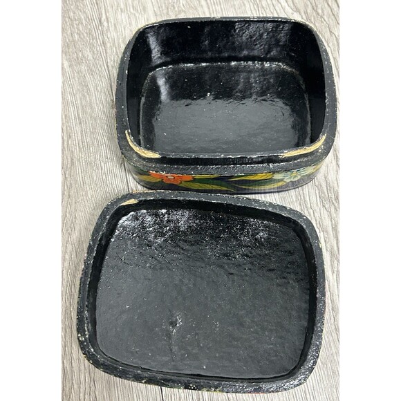 Vintage India Hand Painted Lacquered Paper Mache Lidded Trinket Box Blue Floral - Picture 9 of 12